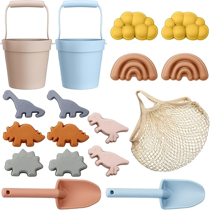 Hungdao 16 Pcs Silicone Beach Toys and 1 Mesh Beach Bag Set Collapsible Sand Toys Travel Sand Box Blue Red Bucket Shovel and 3D Marine Theme Molds for Summer Outdoor (Cute Style)