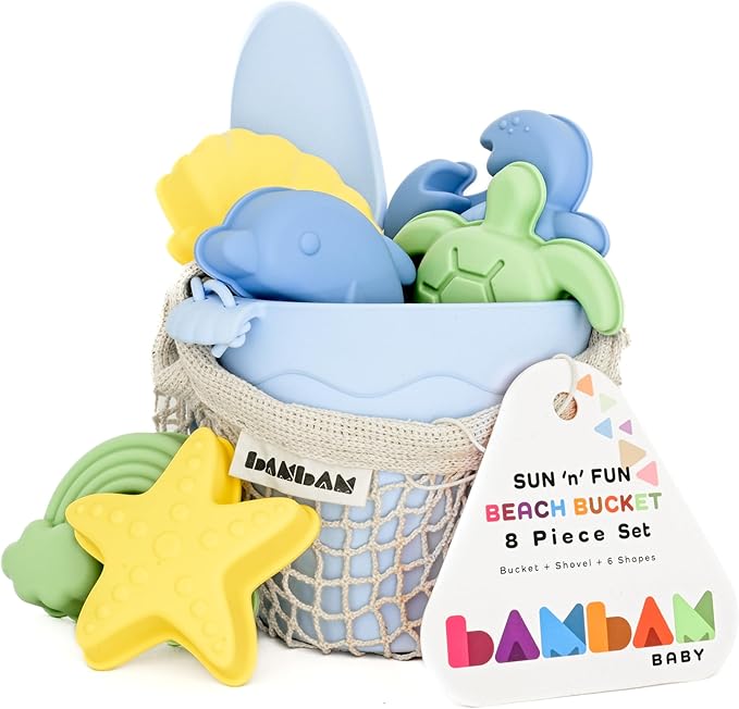 BAMBAM Baby โ Premium Silicone Beach Toys for Toddlers & Baby | 100% BPA Free, Safety Tested | 8 Piece Sand Bucket Set for Kids Ages 6 Months and Up (Beach Blue)