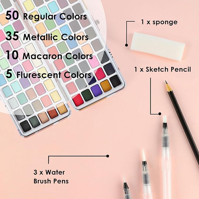 Grabie 100 Colors Watercolor Paint Set - 50 Regular, 35 Metallic, 10 Macaron and 5 Fluorescent Colors - Portable with Carrying Case, Water Brush Pens, and Accessories - For Beginners and Professionals