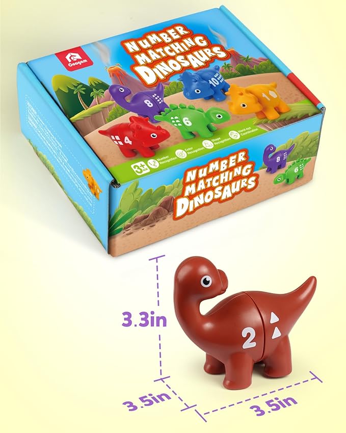 Coogam Numbers Matching Game 10PCS, 123 Counting Dinosaur Toys, Educational Preschool Montessori Fine Motor Skill Mathematics Learning Toys for 2 3 4 Years Old