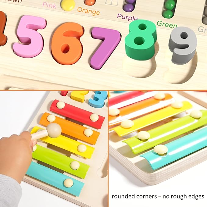 Montessori Learning Toys Busy Board Sensory Toys for Autistic Children, 4-in-1 Wooden Toy with Magnetic Color Number Maze, Xylophone, Sliding Puzzle & Number Match for Kids Ages 3+