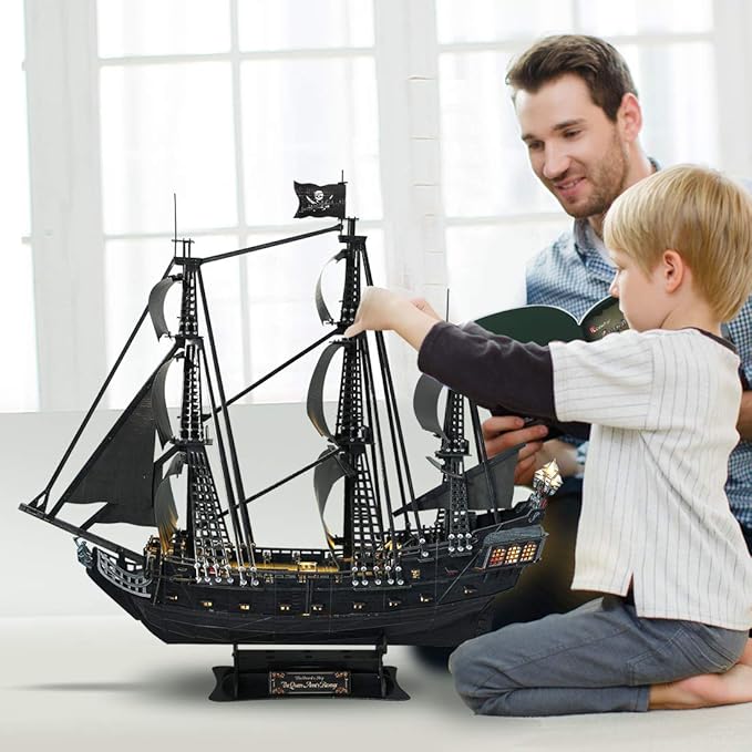 CubicFun 3D Puzzles for Adults - Led Pirate Ship Queen Anne's Revenge - Large 27'' Sailboat Puzzles - Desk Decor, Anniversary, Christmas Teacher Appreciation Gifts Adult Stocking Stuffers
