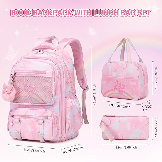 Backpack for Girls, Rainbow Butterfly Girls Backpacks with Lunch Bag Pencil Case Set, Kids Backpack Kindergarten Elementary Middle School Book Bag for Teen Girl Children Students