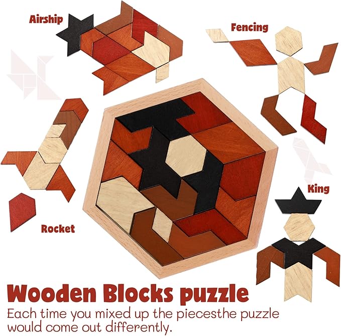 Yunsailing 3 Pack Hexagon Wooden Puzzle Wood Russian Blocks Tangram Puzzle Brain Teaser Puzzles Geometric Jigsaw Block Russian Blocks Logic IQ STEM Toy for All Ages Kid Adult(Vintage)