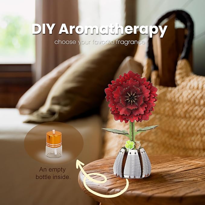 Jege 3D Flowers Wooden Puzzles for Adults,DIY Wooden 2 Flowers per Kit Building Set for Home Decor, Creative Craft Gift Toys Kits with 2 Perfume Bottles and Diffuser Sticks (Rose + China Rose)