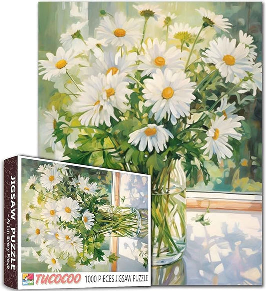 Jigsaw Puzzles 1000 Pieces for Adults-White Daisy Flower Hardboard Puzzle-Challenging Puzzle Perfect for Game Nights-DIY Home Wall Decor-Art Puzzles-White Flowers with Green Leaves in Vase 27" x 20"