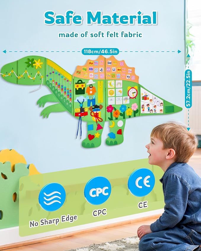 Dinosaur Montessori Busy Board: 10 in1 Sensory Wall Panel for Kids, Toddler Sensory Toys Learning Activity Wall for Playroom, Daycare, Class, Travel, Gifts for 3 4 5 6 Year Old Boys Girls