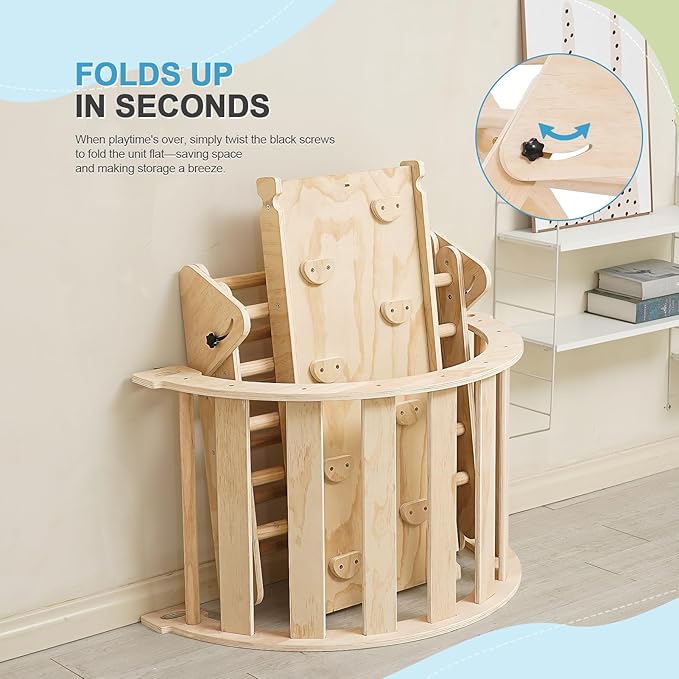 Pikler Triangle Set for Toddlers, 7-in-1 Foldable Montessori Climbing Gym with Safety Strap on Slide, Indoor Wooden Arch, Ramp, Ladder for Active Play - Natural