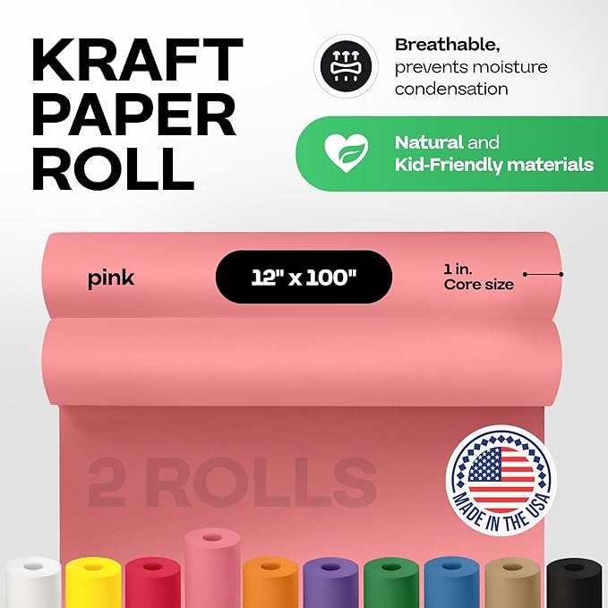 12" x 1200" (100 ft) Pink Kraft Paper Roll, Pack of 2 - USA-Made Quality Craft Paper for Gift Wrapping, Kids' Arts & Crafts, School Projects - 100% Recycled, 50 lb Natural Material by IDL Packaging