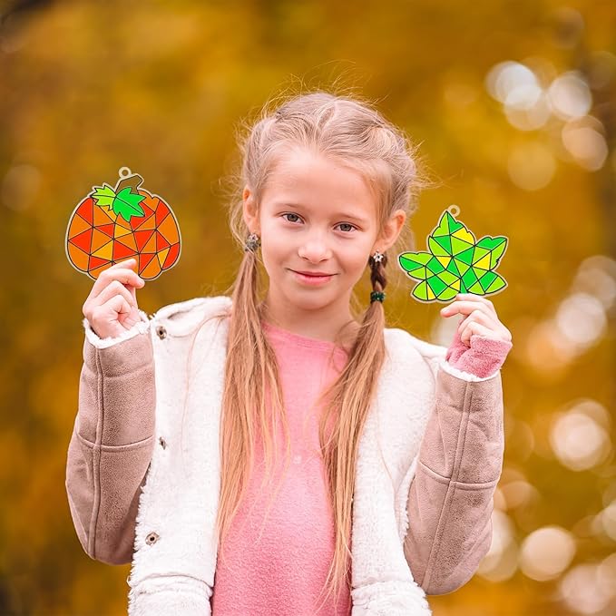 WorldBazaar Fall Suncatchers Craft Ornaments 24 Sets Pumpkin Window Art Suncatchers Decoration Thanksgiving Fall Harvest Classroom Activity Party Supplies