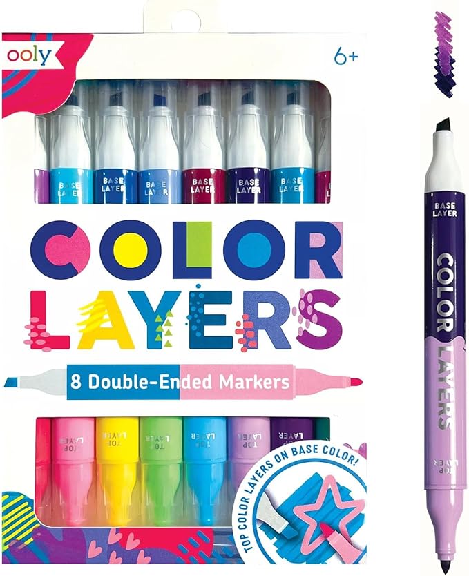 Ooly Color Layers Double Sided Markers - Set of 8 Colored Markers, 16 Colors Chisel and Point Tip on Each Marker for Kids, Non Toxic School Supplies, Art Supplies and Stationery Set - Color Layering