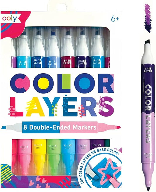 Ooly Color Layers Double Sided Markers - Set of 8 Colored Markers, 16 Colors Chisel and Point Tip on Each Marker for Kids, Non Toxic School Supplies, Art Supplies and Stationery Set - Color Layering