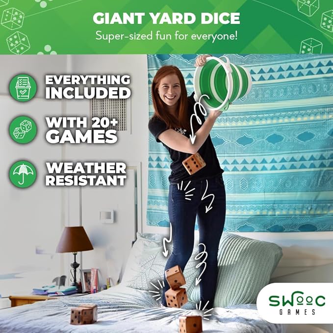 SWOOC Yardzee, Farkle & 20+ Games - Light-Weight Yard Dice Game Set (All Weather) with Collapsible Bucket, 5 Big Laminated Score Cards, and Marker (Choose 2.5in or 3.5in Dice) Yard Games