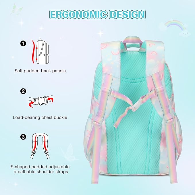 Rainbow Butterfly Backpack Set with Lunch Bag & Pencil Case, Kids' Kindergarten to Middle School Book Bag, Green
