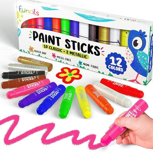 12 Tempera Paint Sticks for Kids & Toddlers - Quick Dry, Non-Toxic Washable Paint for Kids | Art & Craft Supplies Set, Solid Painting Markers with Metallic Gold & Silver Color Ages 1 2 3 4 5 6