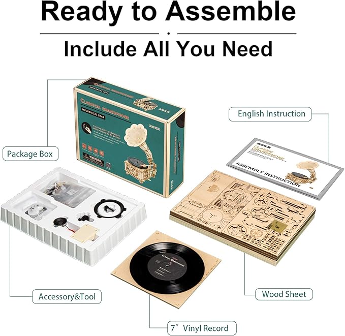 ROKR 3D Wooden Puzzles Gramophone for Adults - DIY Mechanical Model Kit 1:1 Replica Record Player Support 7"/10" Vinyl Building Gift Hobbies for Adults Home Decor