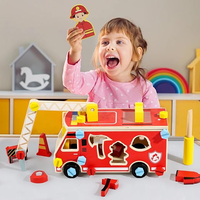 Wooden Fire Truck Toy – Take-Apart STEM Vehicle with Firefighter Tools & Shape Sorting, Montessori Educational Gift for Toddlers Boys Girls Ages 3+