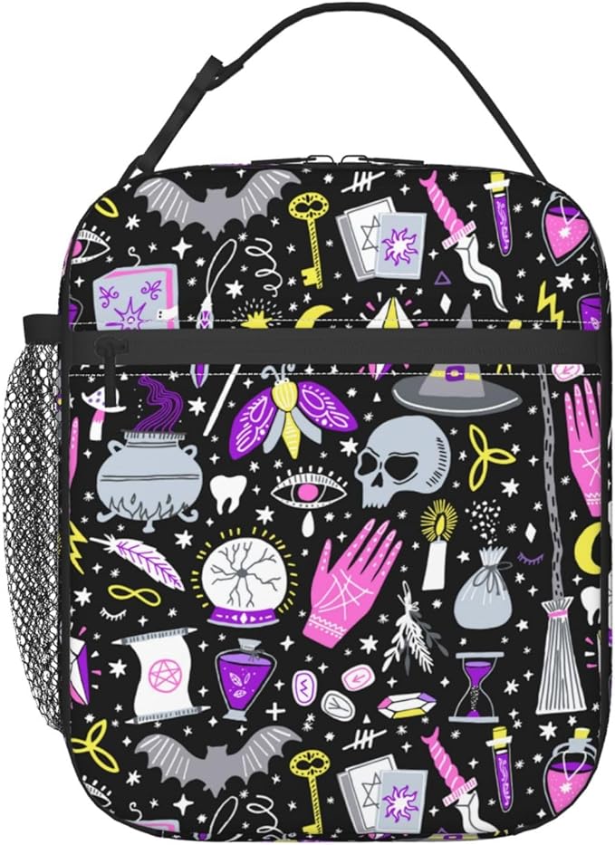 Magic Goth Spooky Gray Purple Reusable Lunch Box Food Bag Insulated Lunch Bag for Teenage Boys Girls School Beach