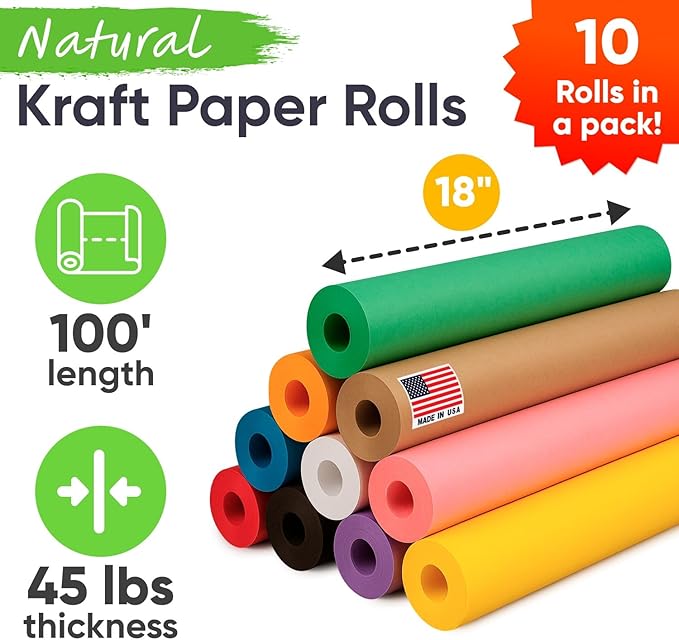 18" x 1200" (100 ft) Pack of 10 Rolls USA-Made Multi-Color Kraft Paper Rolls, 45 lbs/66 GSM – Colored Kraft Paper for Packing, Crafts, DIY Projects, Gift Wrapping – Non-Toxic, Safe for Kids