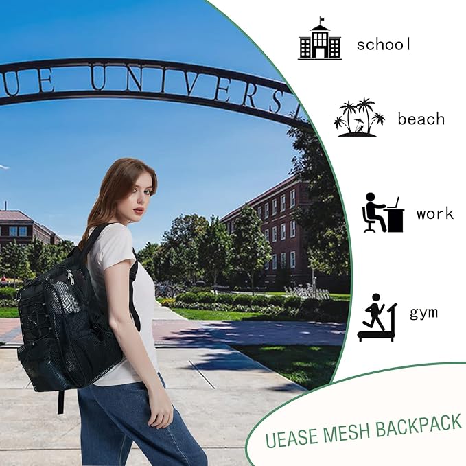 Mesh Backpack Heavy Duty for School, 24L Large Mesh Bookbag for Adults, Black School Bag with Comfort Padded Straps for Work Swimming Beach Fitness Sport