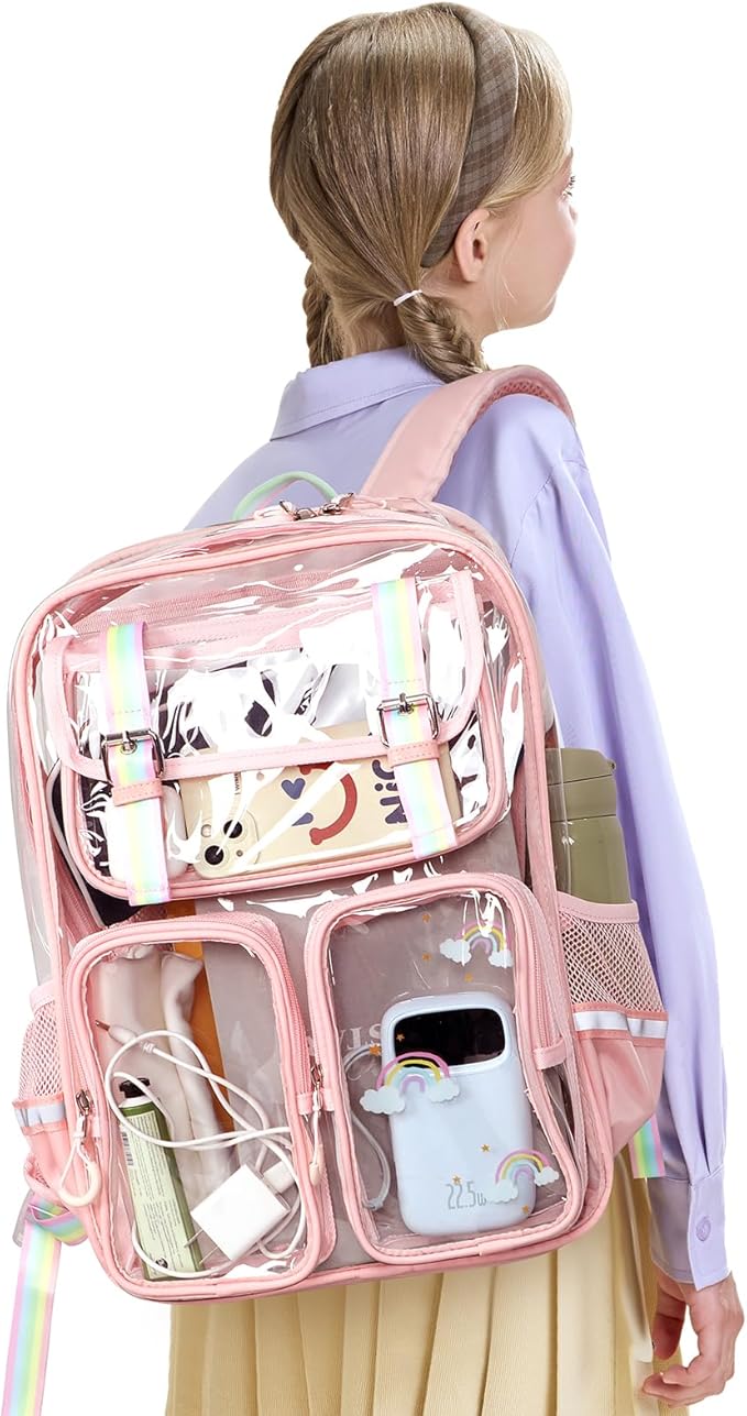 Clear Backpack for School - 17" Transparent Backpacks With Water-Resistant PVC Plastic Material and Ruggedly Reinforced Shoulder Straps, School Bag for Teen Boys Girls Pink