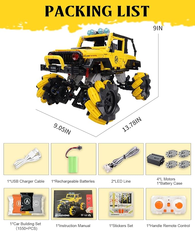 Off-Road Car Building Kits with Remote Control for Adults,Technic Pickup Truck Building Blocks Toys,STEM Engineering Gift for Mens,Boys,Kids-1490PCS(Yellow)
