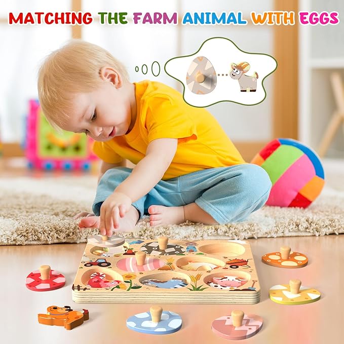 Wooden Puzzles for Toddlers, 8 Pcs Farm Animal Matching Egg Puzzle, Montessori Toys for Boy Girl Easter Birthday Gifts, Preschool Learning Activities & Educational Toys for Boys, Girls