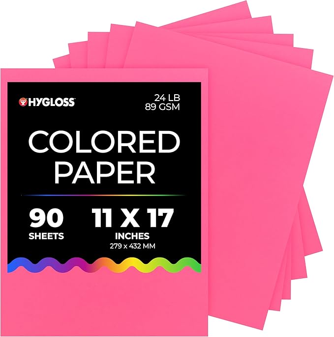 Hygloss Pink Colored Paper - 24 lb, 89 GSM, Acid-Free, Fade-Resistant, 11x17-Inch Ledger Size Color Copy Paper, 90 Sheets