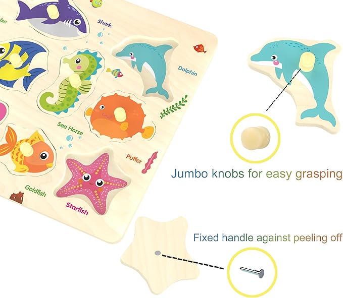 Wooden Peg Puzzle, Sea Creature Chunky Baby Puzzles, Colorful Wood Shape Puzzle Peg Board, Animal Knob Puzzles for Educational Toddlers 18 Months and Up, 11 Pieces