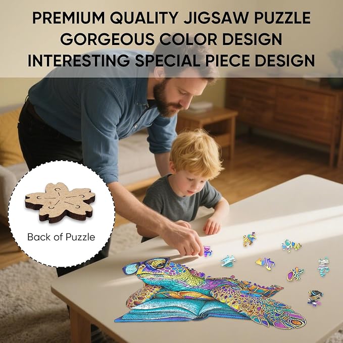 Wooden Puzzles for Adults, Spectacled Turtle Jigsaw Puzzles 200 Pieces, Unique Shape Animal Adult Puzzles, Wood Toys Puzzles Best Gift for Adults and Kids Family Brain Games 12.5x8.4 inch