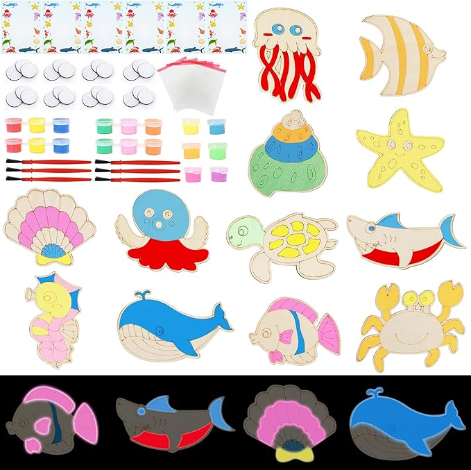 LARDUX Under The Sea Party Favors, 24PCS DIY Sea Ocean Animals Party Favors Wooden Arts & Crafts Painting Kit for Kids, Glow in The Dark Family Crafts Birthday Party Gifts Toys for Boys Girls