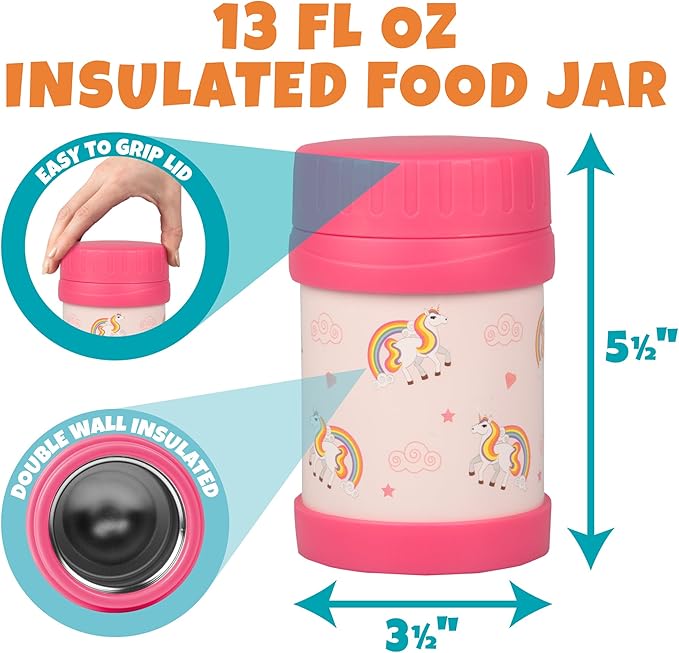 Bentology Kids Lunch Bag Set w Matching Reusable Food Jar & Hard Ice Pack- Unicorn- Insulated Tote, Stainless Steel thermos & Freezer Pack to Keeps Food Fresh for Hours- Back to School Lunch Box Kits