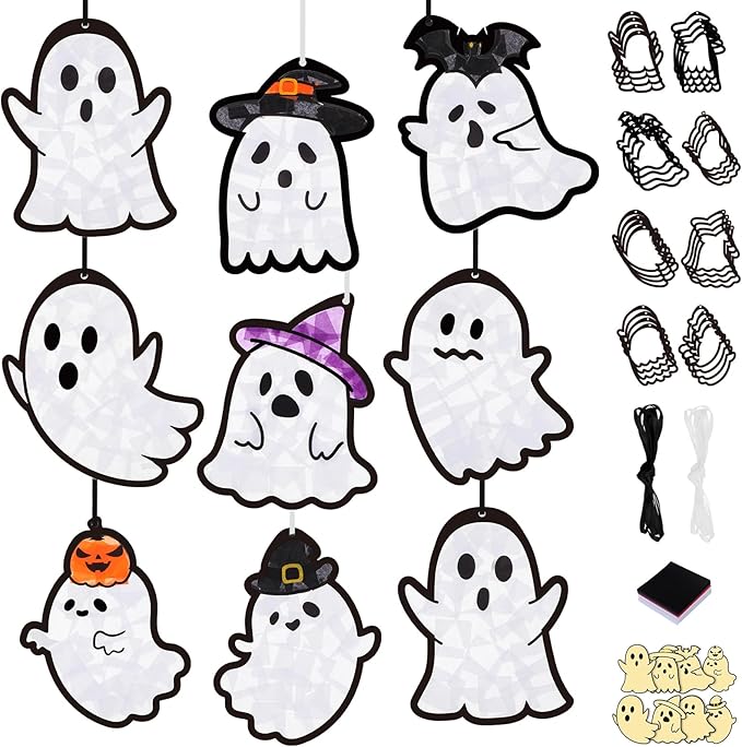 Tinlade 32 Set Halloween Suncatcher Crafts Kit Ghost Suncatcher Paper Crafts with Tissue Paper DIY Window Stained Glass Effect Hanging Ornaments for Halloween Boo DIY Activities Party Favors
