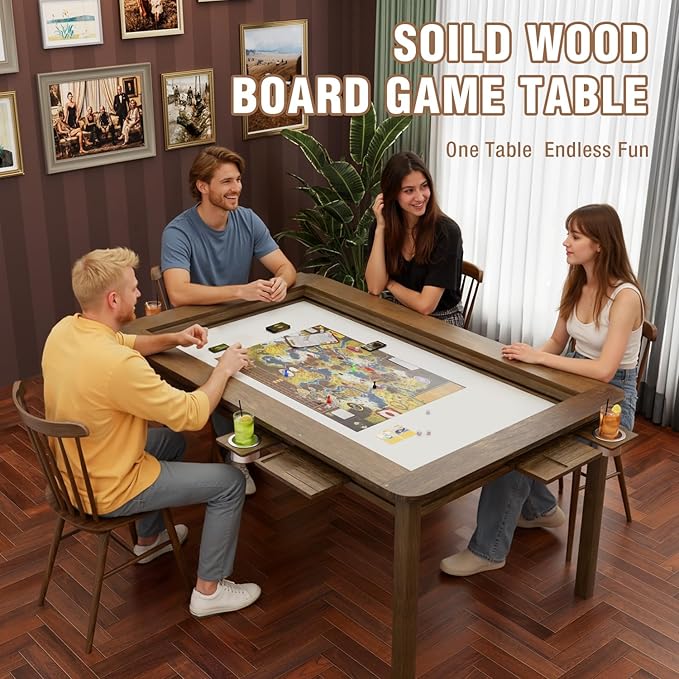 Solid Wood Convertible Board Game Table for 4-6 Players - Removable Dining Top, Premium Leather Mat, 4 Detachable Cup Holders, 54"x31" Play Area - Black Walnut for Epic Family Game Nights
