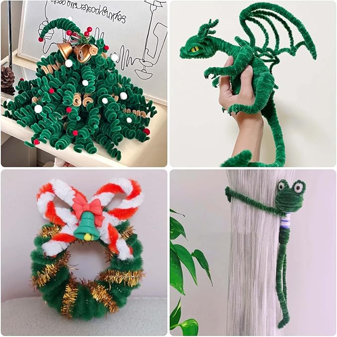 URSDIART (350pcs/Set) Green Pipe Cleaners and Wiggle Eyes, Dark Green Christmas Chenille Stems Pipe Cleaners Bulk 12 Inch Pipe Cleaners for Crafts DIY Creative,Halloween Decoration Art Supplies