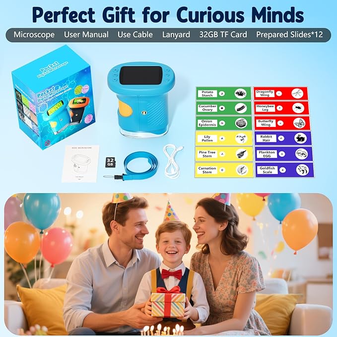 1000X Handheld Microscope for Kids, 4K 2.4" Screen Digital Kids Microscopes with 12 Slides, Portable Edu Toys Gifts for Age 3 4 5 6 7 8 9 10 11 12 Year Old Boys Girls Children Students(Blue)