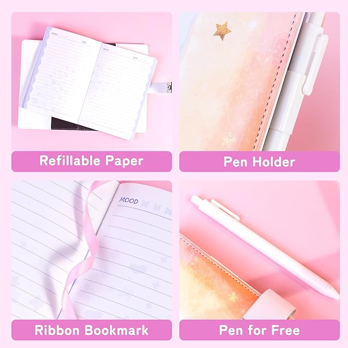 CAGIE Diary with Lock for Girls Age 8 9 10 11 12, Light Rainbow Journal with Lock for Teens Girl Birthday Gifts, 5.7 x 8.5 Inch Kids Journal with Pen 192 Pages journaing Notebook