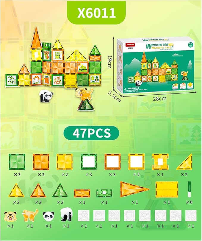 Magnetic Tiles - 47 Pcs Wildlife Building Blocks Set - Sensory Travel Toys for Toddler - STEM Construction Playboards Stacking Toy - DIY Window Art - Birthday Gifts for Boy, Girl