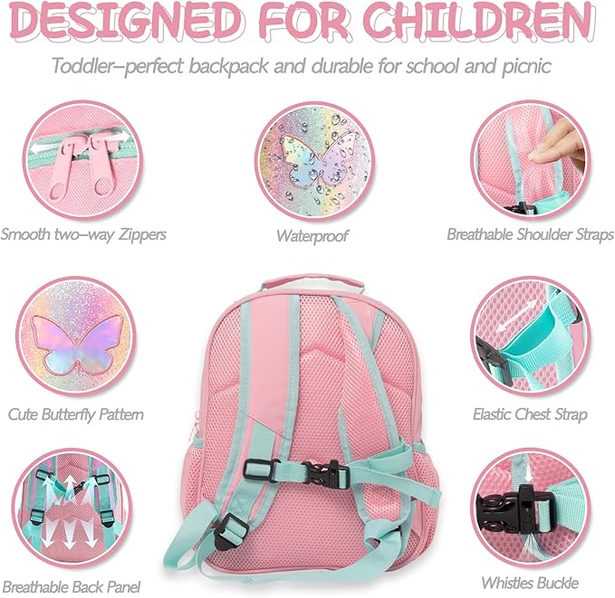 Toddler Backpack for Girls 2-4,Preschool Kindergarten Butterfly Backpacks,Small Backpack for Kids,Toddler Bookbag with Chest Strap