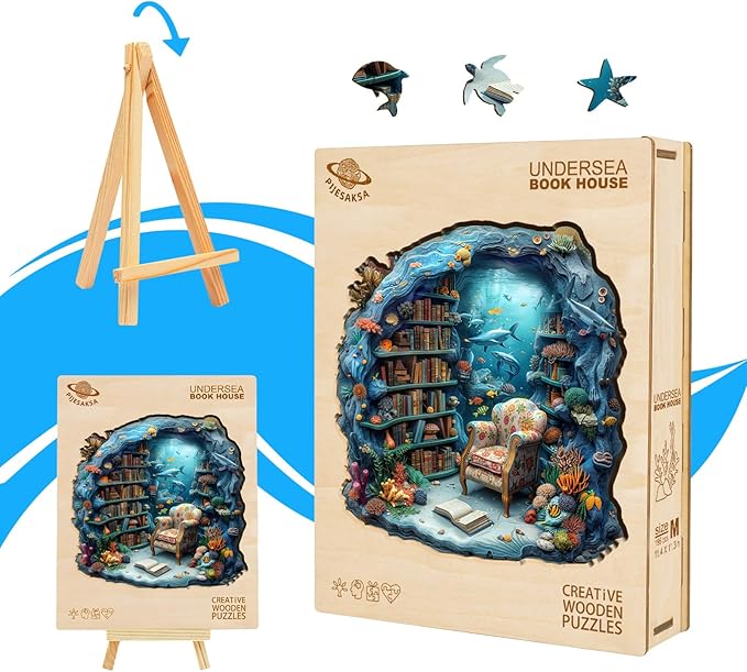 Wooden Puzzles for Adults, Undersea Book House Wooden Jigsaw Puzzle for Adults, Unique Shape Wood Puzzles Adult, Presents for Women and Men, Wall Art Home Decor(S -8.5 * 8.4in-100 pcs)