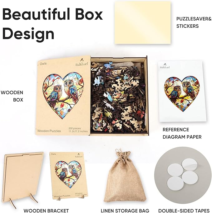 Ruikiyart Wooden Puzzles for Adults, 5MM 500 Pieces Glass Owls Wooden Jigsaw Puzzles, Birds Unique Shaped Puzzle Gifts for Adults and Kids on Thanksgiving,Family Puzzle Games(16.7"*16.7")