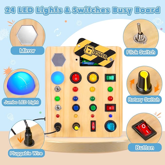 HONGDDY Wooden Sensory Busy Board for Toddler, Airplane-shaped Montessori Music Toy, Light Switch Activity Toy for Boys & Girls