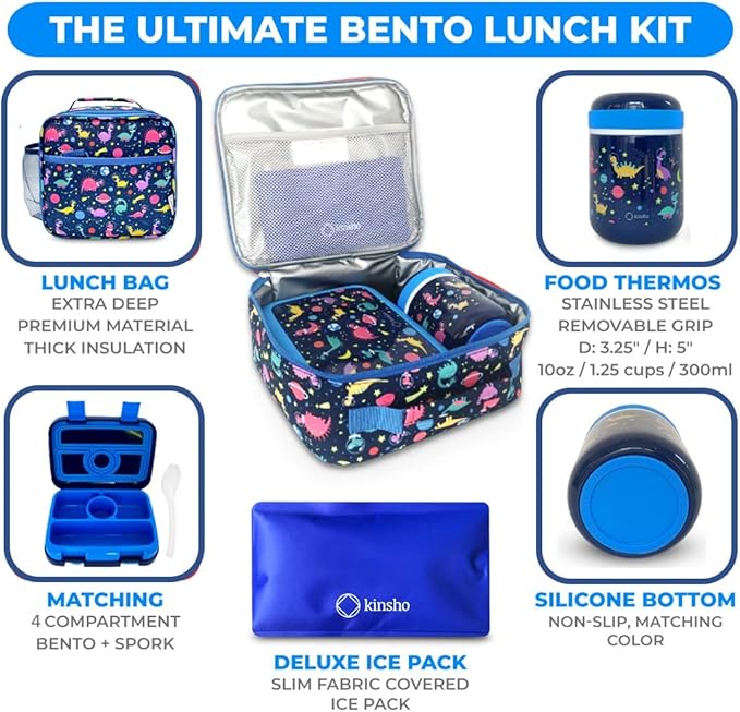 Dinosaur Bento Lunch Box for Boys with Thermo Stainless Steel Food Jar for Hot Food Soup, Insulated Dinosaur Lunch Bag and Ice Pack Set, Kids Container Boxes with 4 Compartments, Blue Space Dino