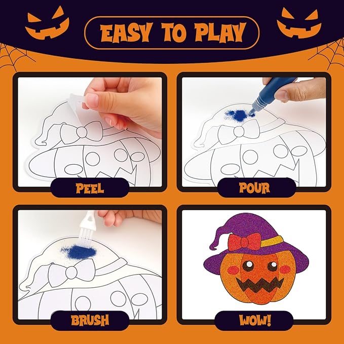 KwestSync Halloween Sand Art Crafts for Kids - Crafts for Kids Ages 4-8, 3-5, Halloween Party Favor with 8 Pumpkin, Ghost, Bat Sand Painting, Trick or Treat Goodie Bag Gifts for 4 5 6 7 8 Years Old