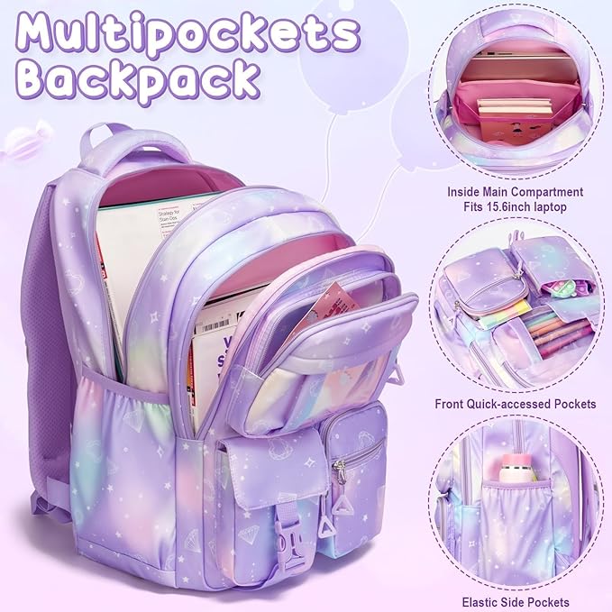 Fimibuke Girls Backpack with Lunch Box & Pencil Bag - Waterproof Kids Backpack for Ages 6+ Elementary Middle School Teens, Roomy Interior & Multi-Pocket