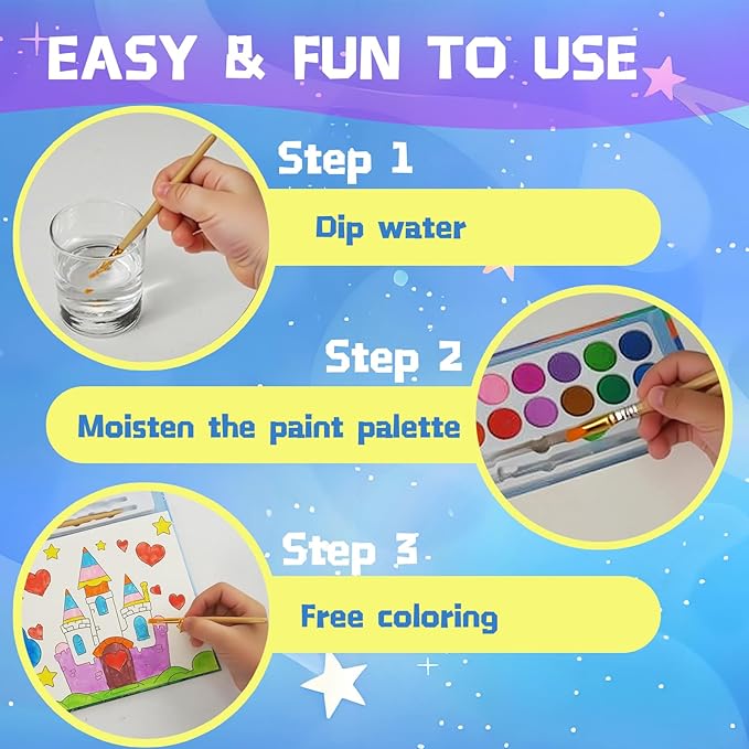 20 Pages Coloring Books for Kids Ages 4-8 with 5 Display Stands, 12 Color Strips Water Color Paint Set, Arts and Crafts Drawing Activities Party Favors for Kids 3-5, Toys Birthday Gifts for Boys Girls