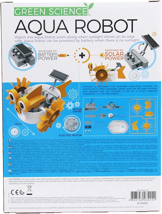4M: Green Science: Aqua Robot - DIY Water Swimming Fish Toy Robot, Solar & Battery Hybrid Power, STEM Building Craft & Activity Set, Kids Ages 5+