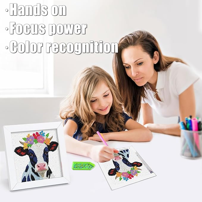 geesfayan Diamond Art Kits for Kids Ages 8-12,6 Inch DIY Gem Art Painting with 7 Inch Frame, Complete Starter Kit for Beginners, Creative Arts & Crafts Gift for Girls & Boys (Black White Cow)