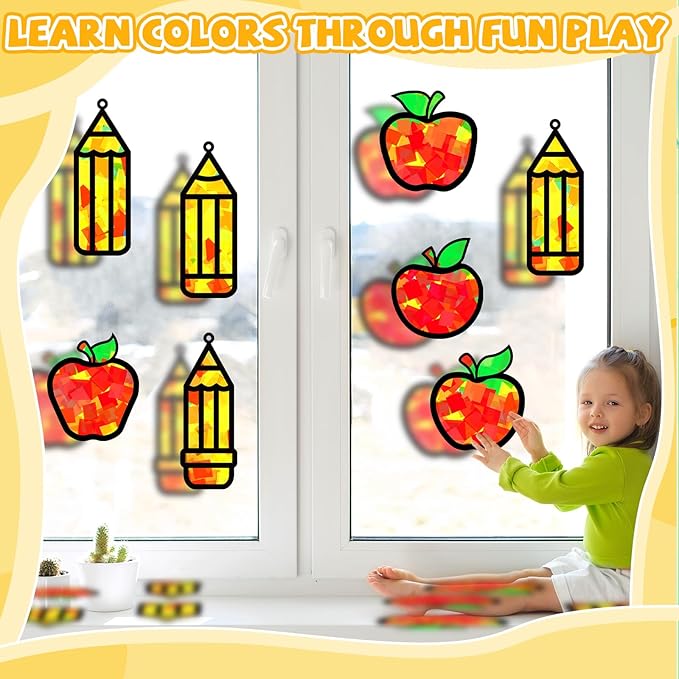 32 Sets Back to School Apple Pencil Suncatchers Craft Kit DIY Window Stained Glass Effect First Day of School Paper Craft Home Classroom Decoration Kid Birthday Gift Creative Art Project Activity Game