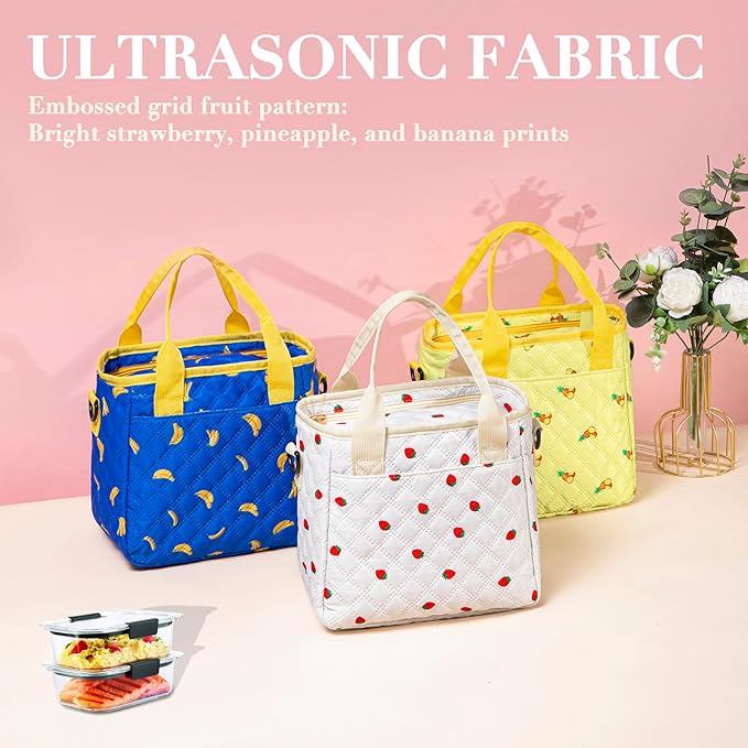 Vibrant Pineapple-Print Small Lunch Bag for Women Men Kids, Compact Waterproof LunchBox for Work, Travel, Shopping, Outdoor Picnic, Stylish Lunch Tote Bag with Dual Zipper